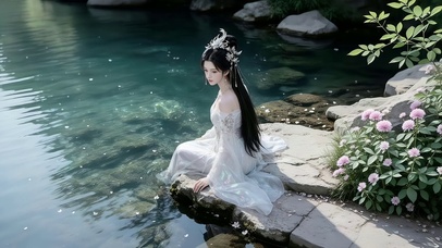 清澈湖岸边戏水的古风美女
