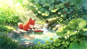 森林溪流运果子的小狐狸