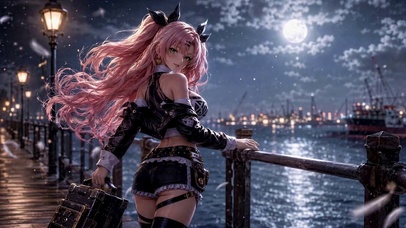 月夜海边粉发二次元美少女