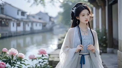 江南水乡岸边美女