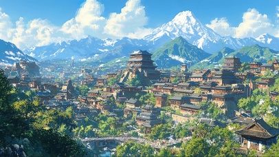 蓝天白云山林小镇风景