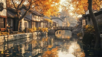 秋日河岸江南古城水乡