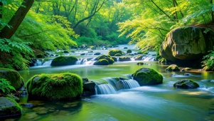 清新翠绿森林溪流风景