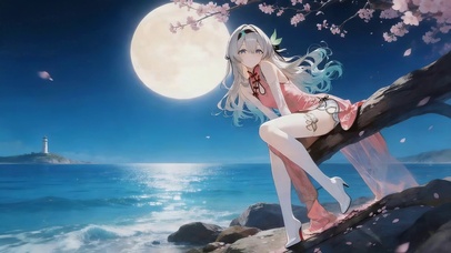 满月海边樱花女孩