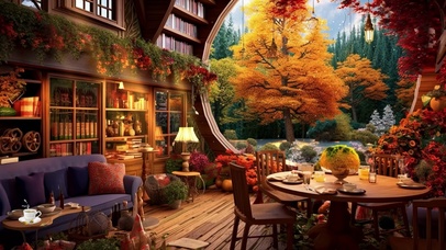 秋天阳光森林小屋