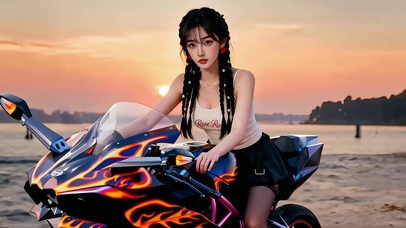 梳麻花大辫的火焰纹机车美女