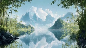 清新雪山湖泊竹林美景