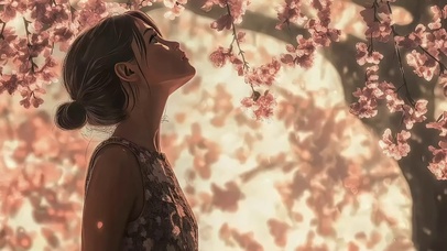 清新午后公园赏花少女