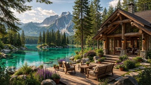 雪山下的湖居木屋