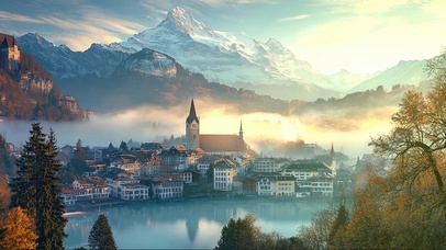 俯瞰云雾山谷小镇