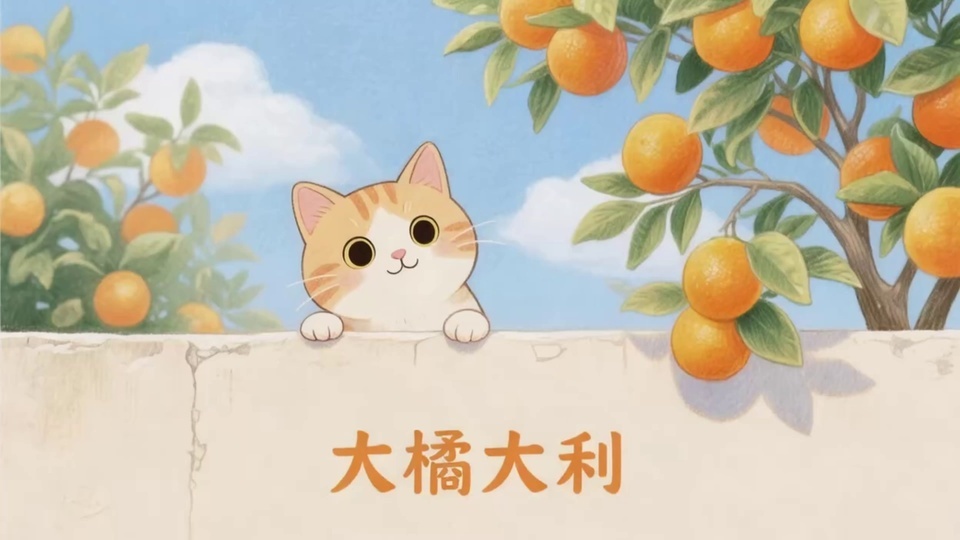 大橘大利卡通猫咪探出矮墙，周围是挂满果实的柑橘树与浅蓝天空