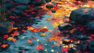 梦幻秋日枫叶溪流落叶