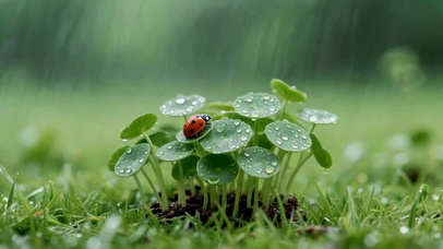 雨天清新绿植瓢虫治愈风景