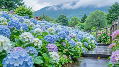 雨后山间的绣球花径