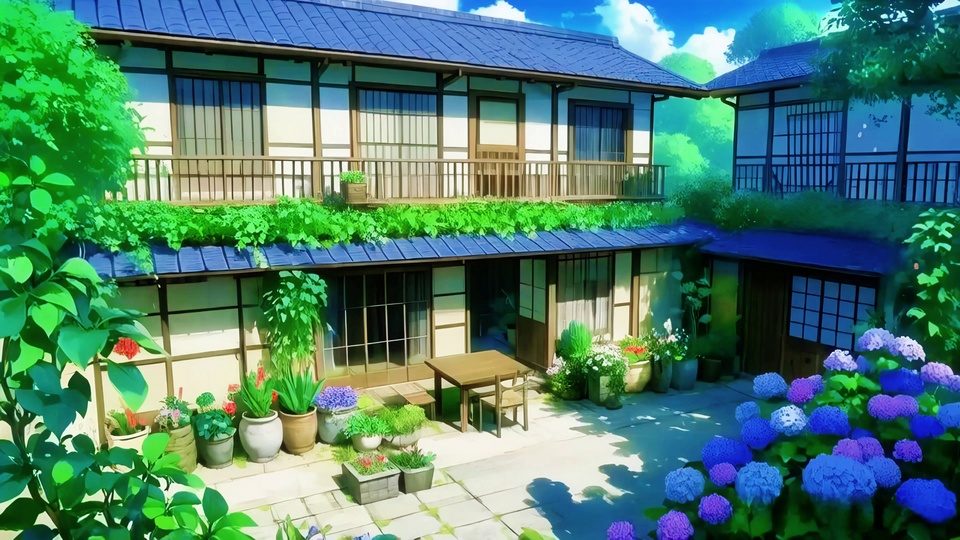二次元日系清新晴日庭院，两层日式瓦顶合院，铺石露台环绕绿植与蓝紫色绣球，远处林木与蓝天白云相映。