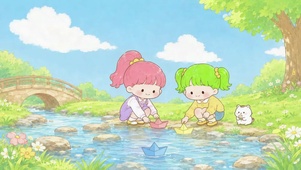 春日河边放纸船的可爱女孩