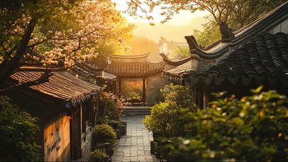 傍晚黄昏园林古建风景