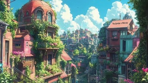 晴天白云远眺童话小镇