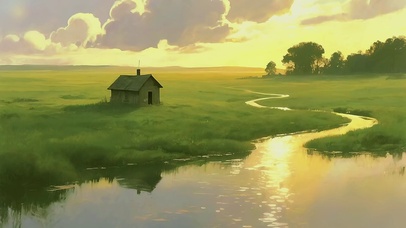油画-唯美鎏金草原小屋