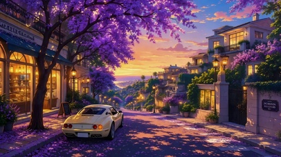 黄昏紫花小镇浪漫街景