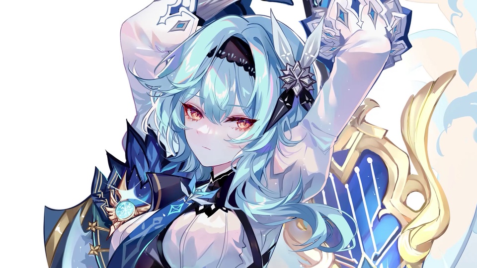 浅蓝卷发橙红眼少女，身着冰纹装饰服饰举双臂的二次元插画