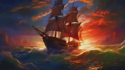 大海波涛中航行的帆船