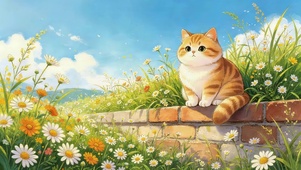 鲜花砖墙上猫咪