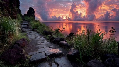 梦幻晚霞海岛悬崖小径