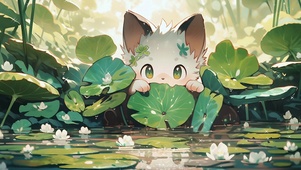 4K 荷花池塘小猫
