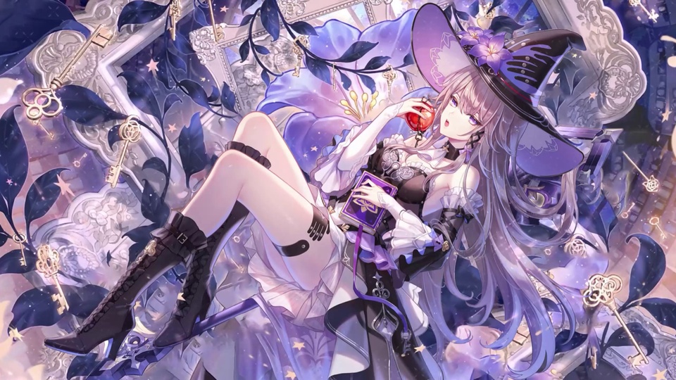 淡紫长发魔女少女斜坐于雕花相框间，身旁环绕金色复古钥匙与紫花
