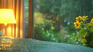 护眼外面雨滴绿景树木双屏