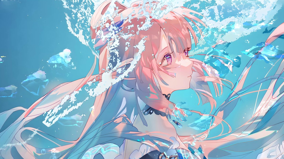 浅蓝海水环绕珊瑚宫心海侧颜，紫瞳看向镜头，浅粉蓝长发与白色水花浮动。