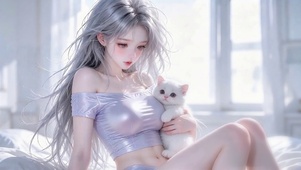 卧室少女与猫