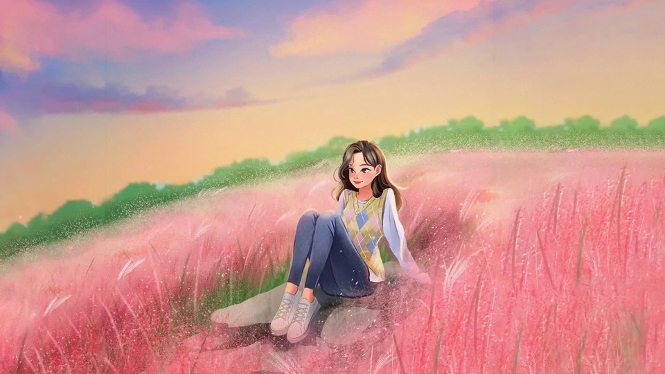 插画中女生坐在粉黛花丛间的石块上，背景是暖橙晕染的黄昏天空与林带。