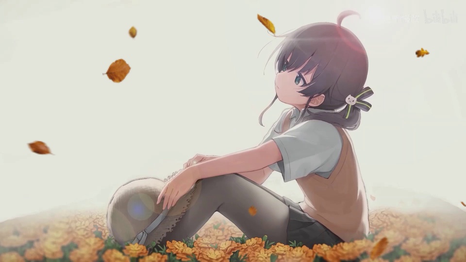 秋日暖调二次元插画，穿学生制服的少女坐于橙黄花海，落叶在空中缓缓飘落。