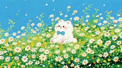 雏菊丛里的小白熊