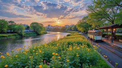 落日河畔花田电车风景