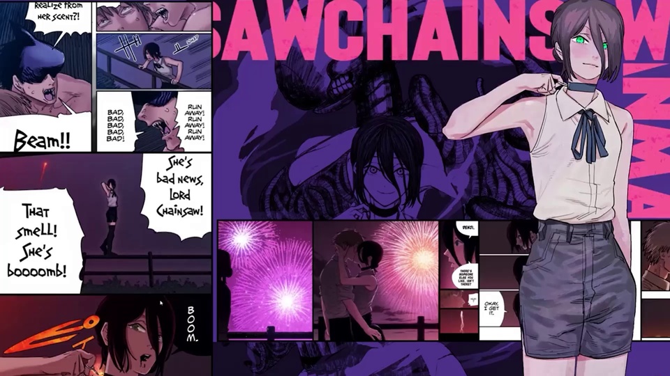紫粉调漫画分镜拼接画面，右侧是深灰短发绿瞳少女，背景铺展多格漫画剧情片段与烟花夜景。