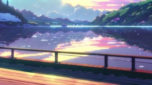 唯美治愈插画晚霞湖畔