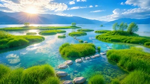 阳光碧水青草地