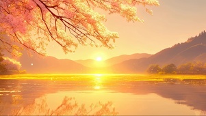 金色日出樱花湖畔