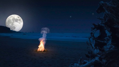 夜晚海滩星空圆月篝火