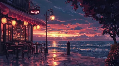 海边唯美晚霞海浪酒馆