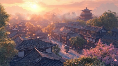 远眺小城落日黄昏美景
