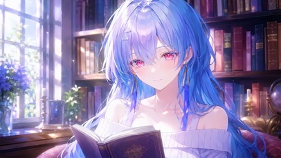 窗边读书的紫发二次元美少女
