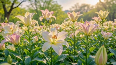 晨光下的清新百合花园