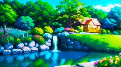 唯美治愈插画春天河边小屋