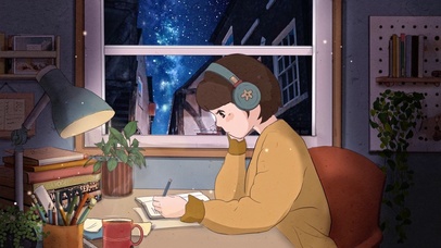 星夜中学习的女孩