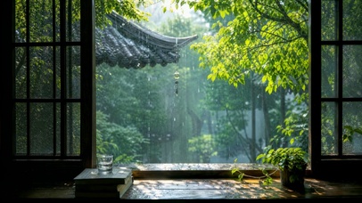 古窗山林雨景
