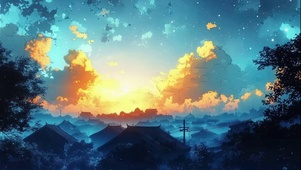 远眺唯美清晨小镇风景